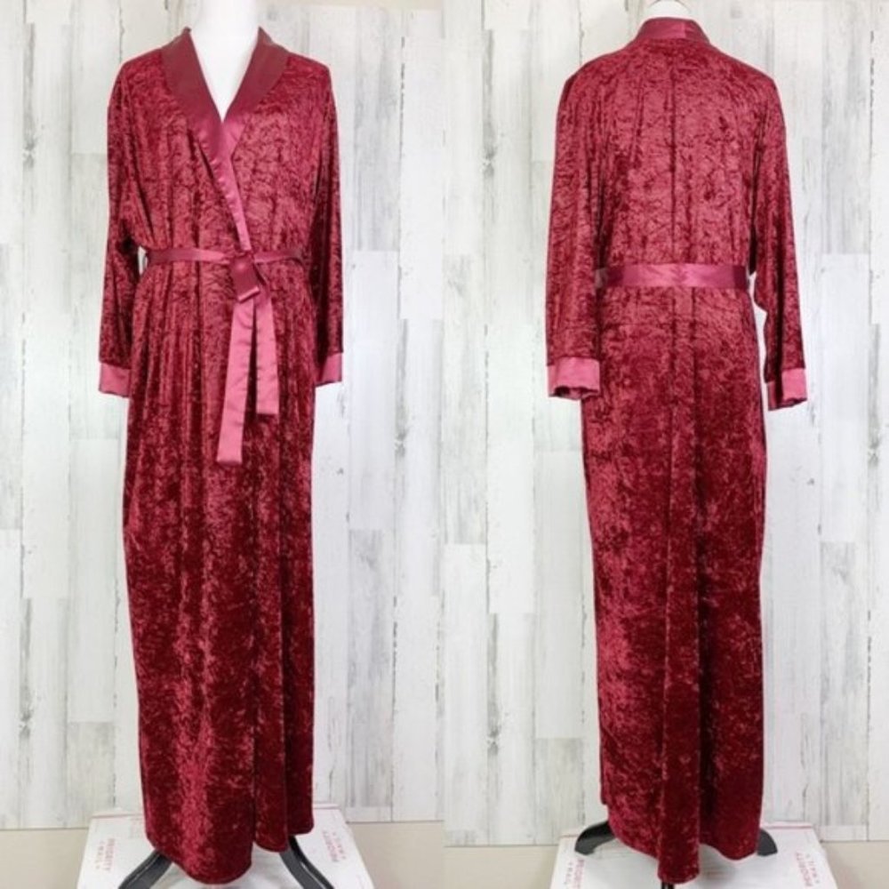 Vintage 80s Burgundy Velvet Satin Sash Full Length Robe
